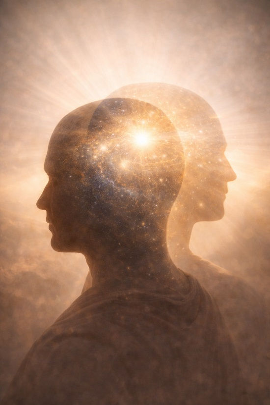 Two overlapping human silhouettes filled with starlight and cosmic patterns, one darker and one luminous, symbolizing the distinction between mortal mind and immortal Mind and the way Divine Intelligence thinks through human awareness in Tractate VII of the Corpus Hermeticum.