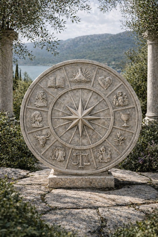 Stone zodiac wheel with carved symbols representing life areas and human experiences, set outdoors with mountains and water in the background.