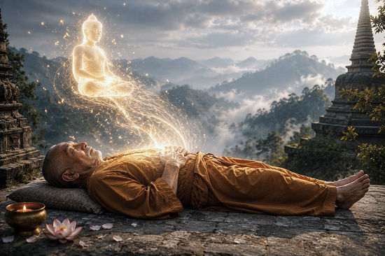 An elderly Buddhist monk in saffron robes lies peacefully on a stone terrace overlooking a vast landscape of mist-covered mountains and ancient temple structures. A stream of glowing golden light rises gently from his chest and takes the form of a radiant seated Buddha suspended above him, surrounded by sparkling particles. Lotus flowers and scattered petals rest near the monk, while distant stupas emerge from the clouds in the background. Soft natural light illuminates the scene, creating a calm and contemplative atmosphere. The image symbolizes Buddhist perspectives on death, spiritual awakening, impermanence, and the continuation of consciousness beyond a single lifetime.