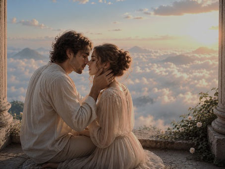 A young man and woman sit together on a timeless stone terrace overlooking a vast landscape of clouds and distant mountains at sunset. The man gently cups the woman's cheek as they lean toward one another, gazing into each other's eyes moments before a kiss, framed by ancient columns and soft golden light.