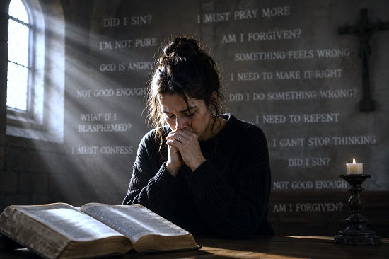 A realistic, cinematic photograph of a person seated in quiet prayer inside a historic stone chapel, illuminated by warm morning sunlight streaming through tall windows. An open Bible rests on the table before them while faint, blurred words of guilt, doubt, and fear appear symbolically on the wall behind, representing the intrusive thoughts of Religious OCD (Scrupulosity). The peaceful setting contrasts with the inner struggle, conveying the tension between sincere faith and obsessive uncertainty.