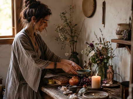 A woman stands at a rustic altar in warm natural light, carefully placing a bowl among offerings of bread, fruit, flowers, candles, stones, crystals, and a small sacred statue. The scene feels quiet, intentional, and reverent, emphasizing care rather than spectacle. The image symbolizes offerings, devotion, and reciprocity: the practice of giving attention, gratitude, nourishment, and respect within a spiritual relationship.