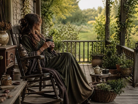 A household witch sits peacefully in a wooden rocking chair on a cozy sunlit porch, holding a mug and gazing out over a lush green landscape, surrounded by potted plants, woven baskets, rustic wood furniture, and soft old-world cottage details that evoke an enchanted domestic life.