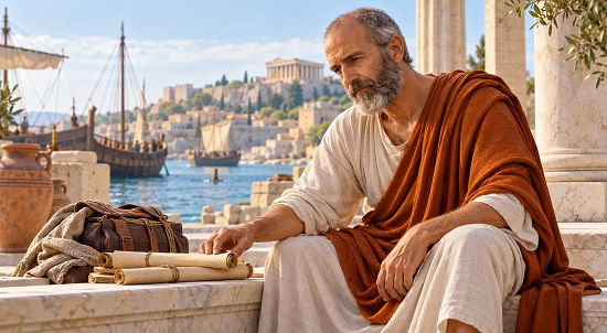 Zeno sits on a polished marble harbor terrace beside scrolls and a travel bag, reflecting on his journey while Greek ships and Athens rise softly in the background.
