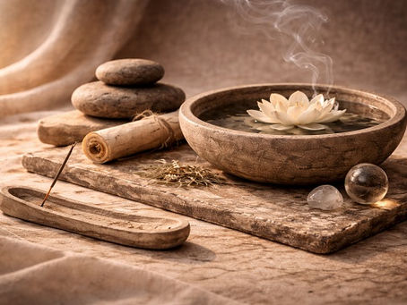 Serene still life with a stone bowl of water holding a white lotus flower and rising steam, stacked smooth stones, a rolled parchment, incense on a wooden holder, dried herbs, and clear stones arranged on a textured surface in warm, soft light.