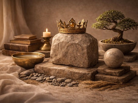 Still life with a rough stone block topped by a simple crown, surrounded by stacked stones, a bonsai tree, a lit candle, a bowl, and old books, arranged in warm, earthy light to evoke humility, balance, and quiet authority.