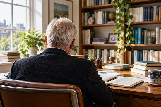 An older academic figure is seen from behind at a sunlit desk in a book-lined study, surrounded by papers and notebooks, suggesting the scholarly origins of Compassion-Focused Therapy.