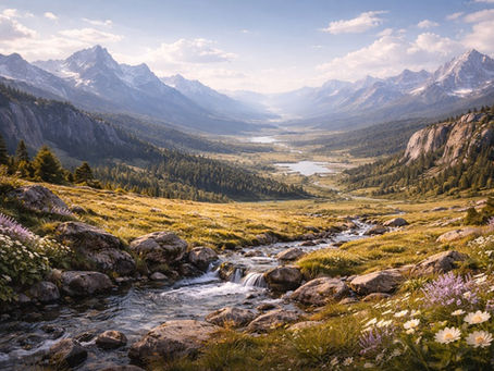 Vast open alpine plateau overlooking a distant valley and winding river beneath clear daylight, layered mountain ranges fading into the far horizon.