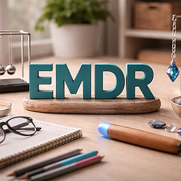 A calm therapy tabletop scene featuring the acronym EMDR in bold teal dimensional letters centered on a wooden base, surrounded by bilateral stimulation tools including tactile therapy wands, a pendulum crystal, a Newton’s cradle, and grounding stones in soft natural daylight.