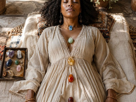 Black witch lying peacefully on a cushioned mat in warm daylight, with crystals placed along her body at chakra points from crown to root, surrounded by a tray of gemstones, woven textiles, pottery, and potted herbs in a serene earthy healing space.