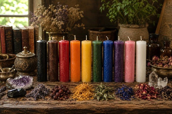 A museum-quality editorial photograph of colorful ritual candles arranged in a precise row across a rustic wooden altar table, representing traditional candle color correspondences. The candles range through black, brown, red, orange, yellow, green, blue, purple, pink, and white, each with realistic wax textures and subtle handcrafted variations. Surrounding the candles are dried herbs, crystals, antique brass vessels, aged books, and botanical elements arranged in an organized, scholarly composition. Soft natural daylight streams through a nearby window, illuminating the rich colors and tactile surfaces with cinematic realism and shallow depth of field. The atmosphere feels sacred, contemplative, timeless, and intellectually grounded, resembling a luxury museum catalog photograph documenting traditional ritual symbolism and color magic practices.