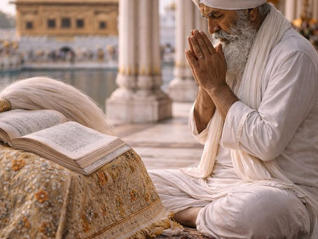 An elderly Sikh man in white robes and a turban kneels in prayer with hands pressed together before an open Sikh scripture resting on an embroidered cloth, beneath arched marble colonnades beside a reflective pool, with the Golden Temple softly visible in the background in warm daylight.