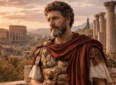 Marcus Aurelius standing among ancient Roman ruins in bronze imperial armor and a deep red cloak, gazing thoughtfully across the landscape in warm natural sunlight with classical columns and the Colosseum in the distance.