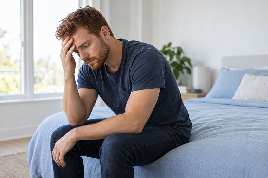 A red-haired man sits hunched at the edge of a bed in a bright bedroom, eyes lowered and one hand resting against his forehead.