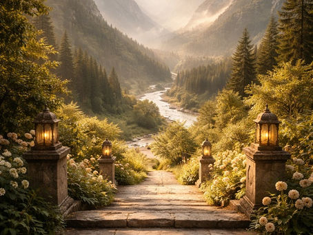 Sunlit stone steps descend into a vast mountain valley, framed by lush greenery and tall evergreens, with a winding river leading the eye toward distant peaks glowing in soft morning light, conveying a sense of being gently led forward into a wide, open horizon.