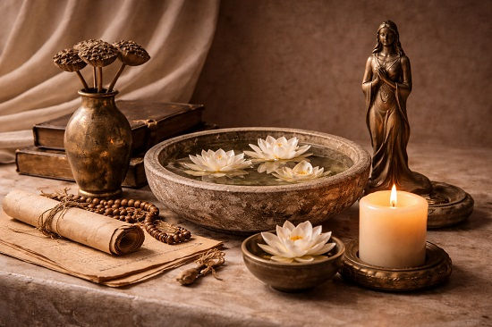 A serene still life featuring a stone bowl filled with water and floating white lotus flowers, a small candle, a feminine statue with folded hands, a rolled parchment, wooden prayer beads, stacked old books, and a brass vessel. The scene is softly lit and conveys stillness, receptivity, and quiet balance.