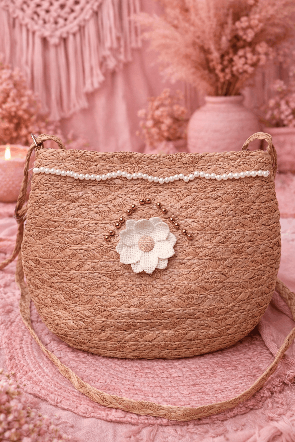 Sac bandoulière marron bohème en fibres naturelles