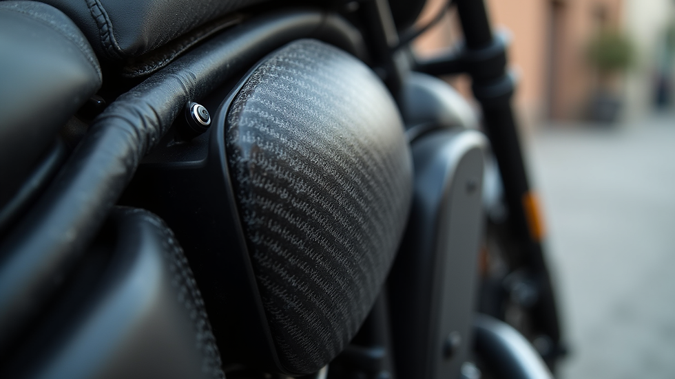 Close-up view of a motorcycle with a carbon fiber textured wrap