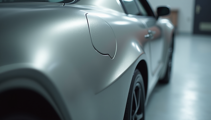 Close-up view of a car door being wrapped with a metallic silver vinyl film