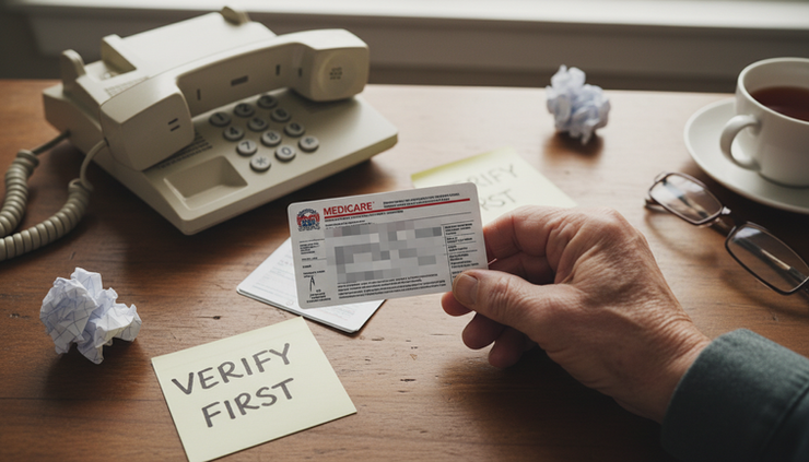 Overhead view of a hand covering a Medicare card beside a ringing phone