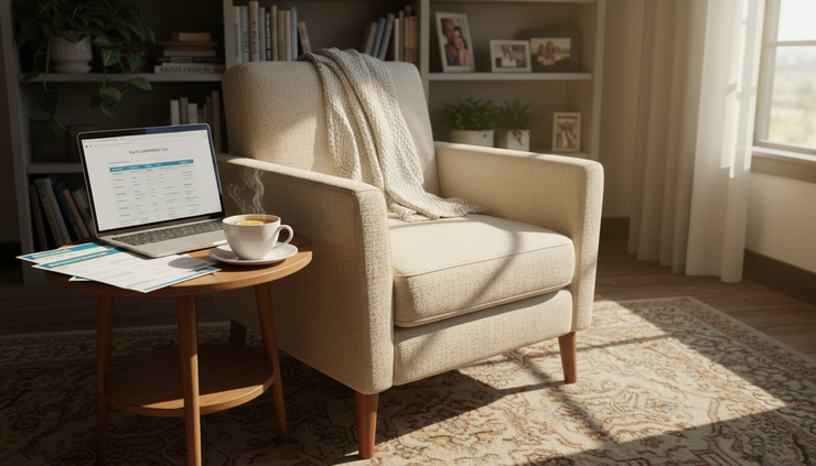 Wide-angle view of a living room chair with printed plan summaries and a laptop showing a generic comparison page