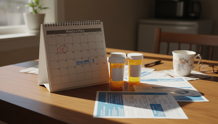 Eye-level view of a kitchen table with a calendar, prescription bottles, and Medicare papers