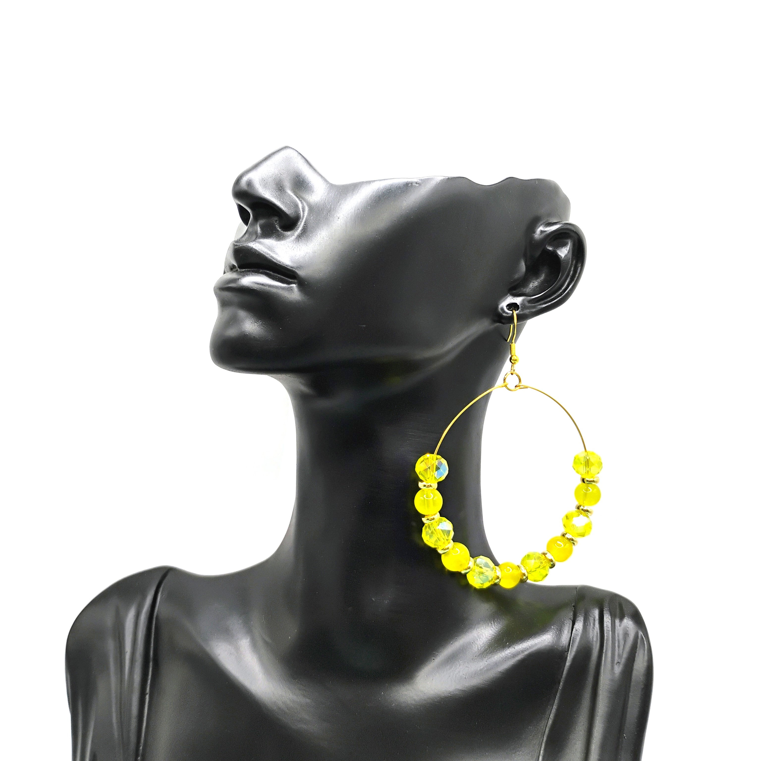 Yellow Crystal and Gold Tone Hypoallergenic Hoop Earrings