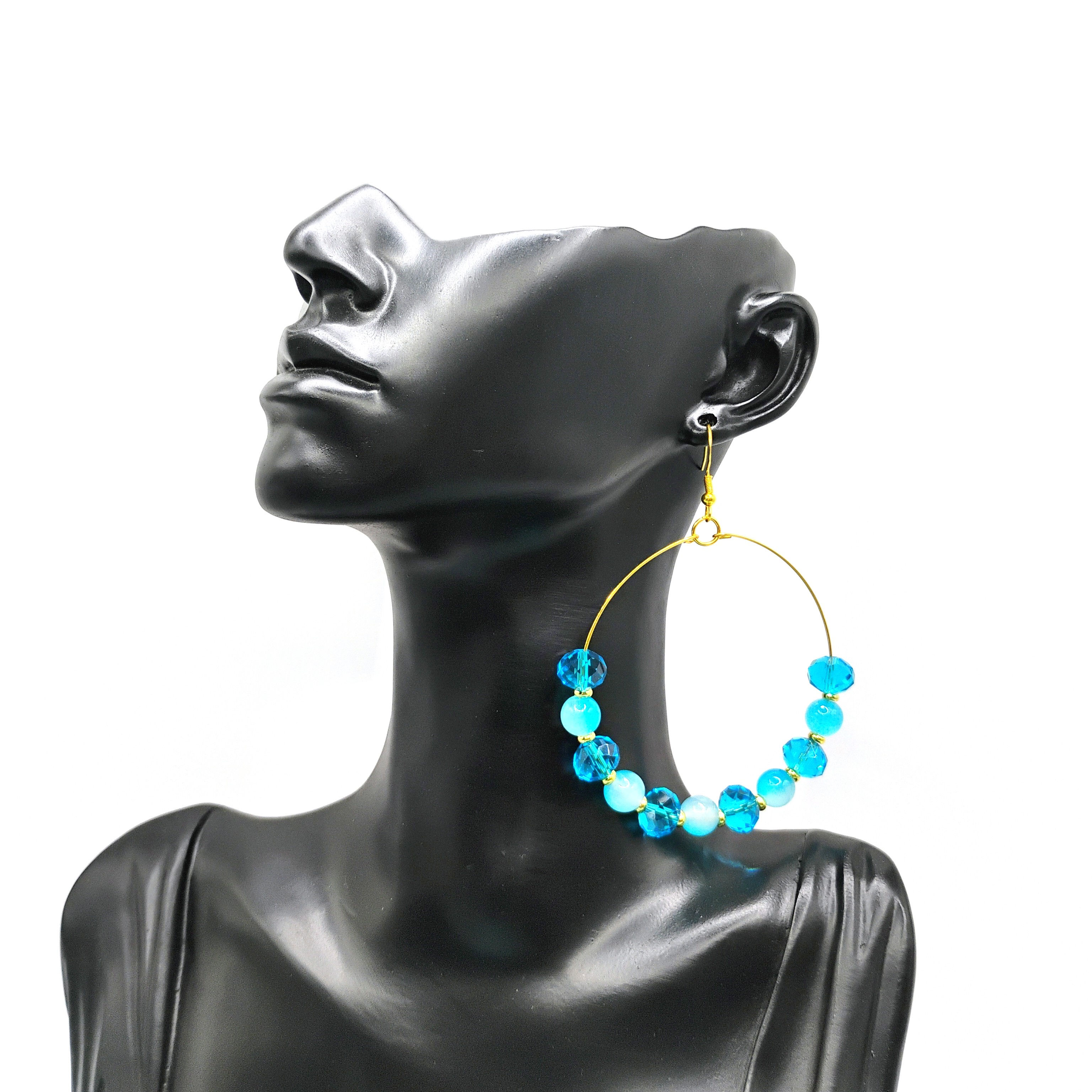 Aqua Marine Blue Crystal and Gold Tone Hypoallergenic Hoop Earrings