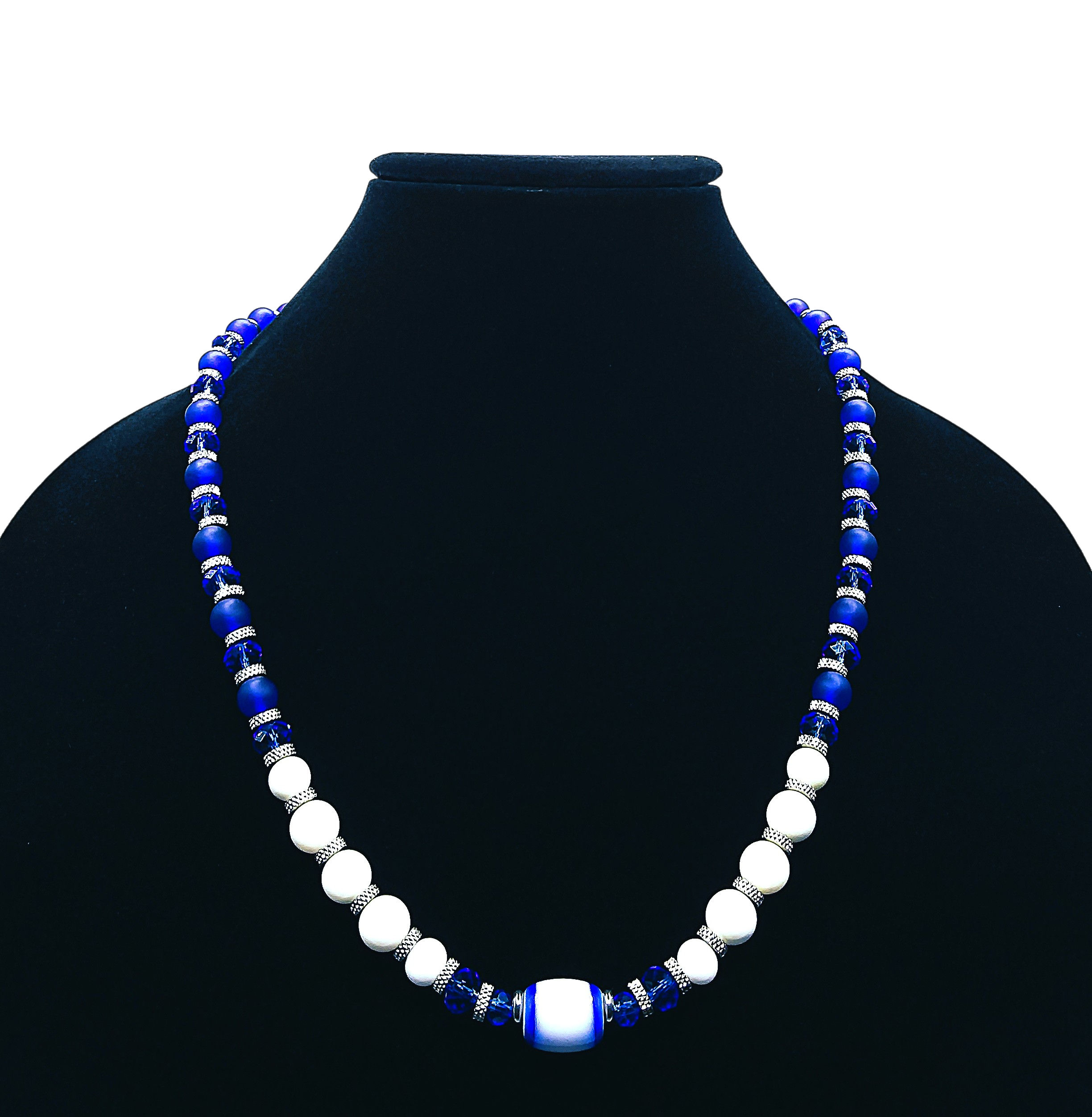 23" Men's Blue, White Tridacna Stone, Blue, White Chevron Focal Beaded Necklace