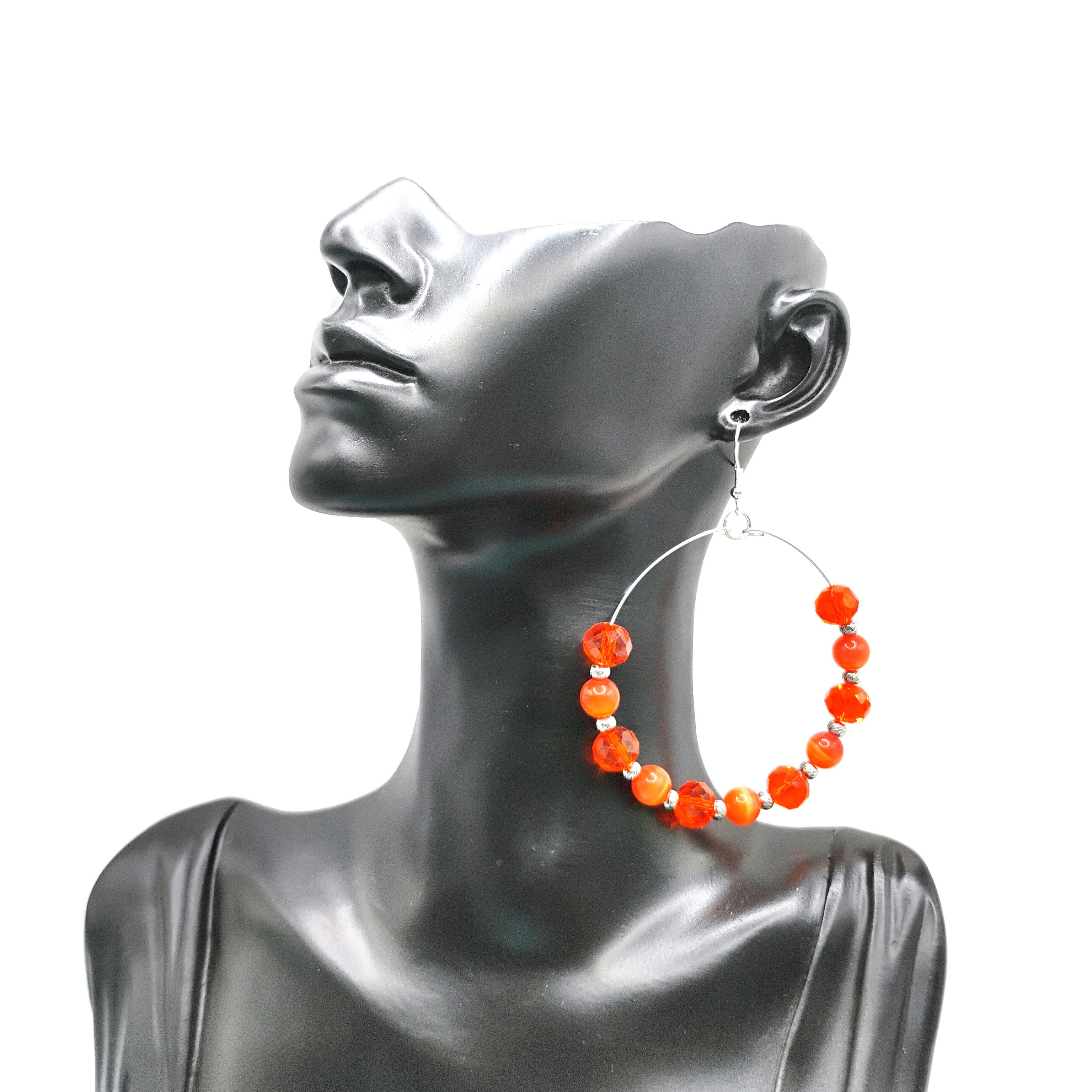 Orange Red Crystal and Silver Tone Hypoallergenic Hoop Earrings