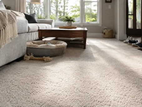 Freshly cleaned residential carpet with pet bed and toy showing a common source of lingering carpet odors after cleaning.