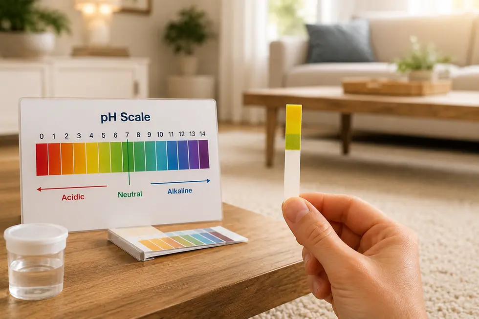 Hand holding a pH test strip beside a pH scale chart in a clean residential living room after carpet cleaning.