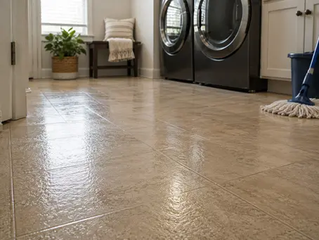 Recently mopped tile floor with visible residue and shine illustrating a common cause of sticky floors after mopping.