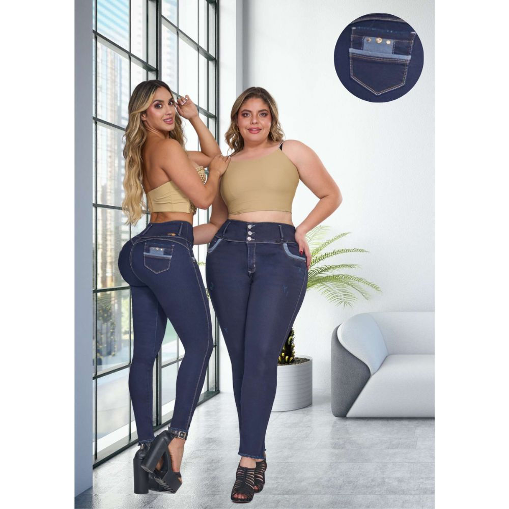 Jean push up azul oscuro tres botones y detalles en bolsillos