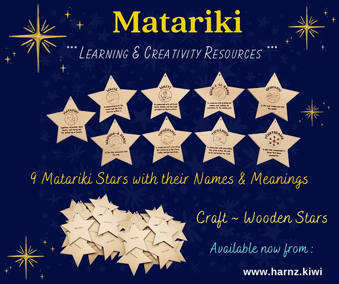 WOODEN CRAFT STARS  and 9 MATARIKI STARS ~ NAMES & MEANINGS - LEARNING RESOURCE