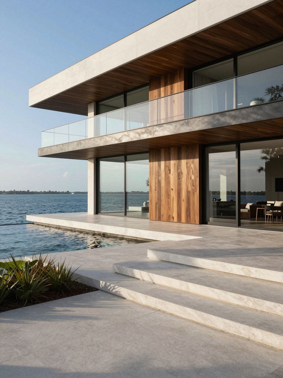 Modern waterfront home with glass walls and wood accents