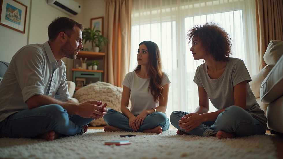 Eye-level view of a family discussing lead safety in their home