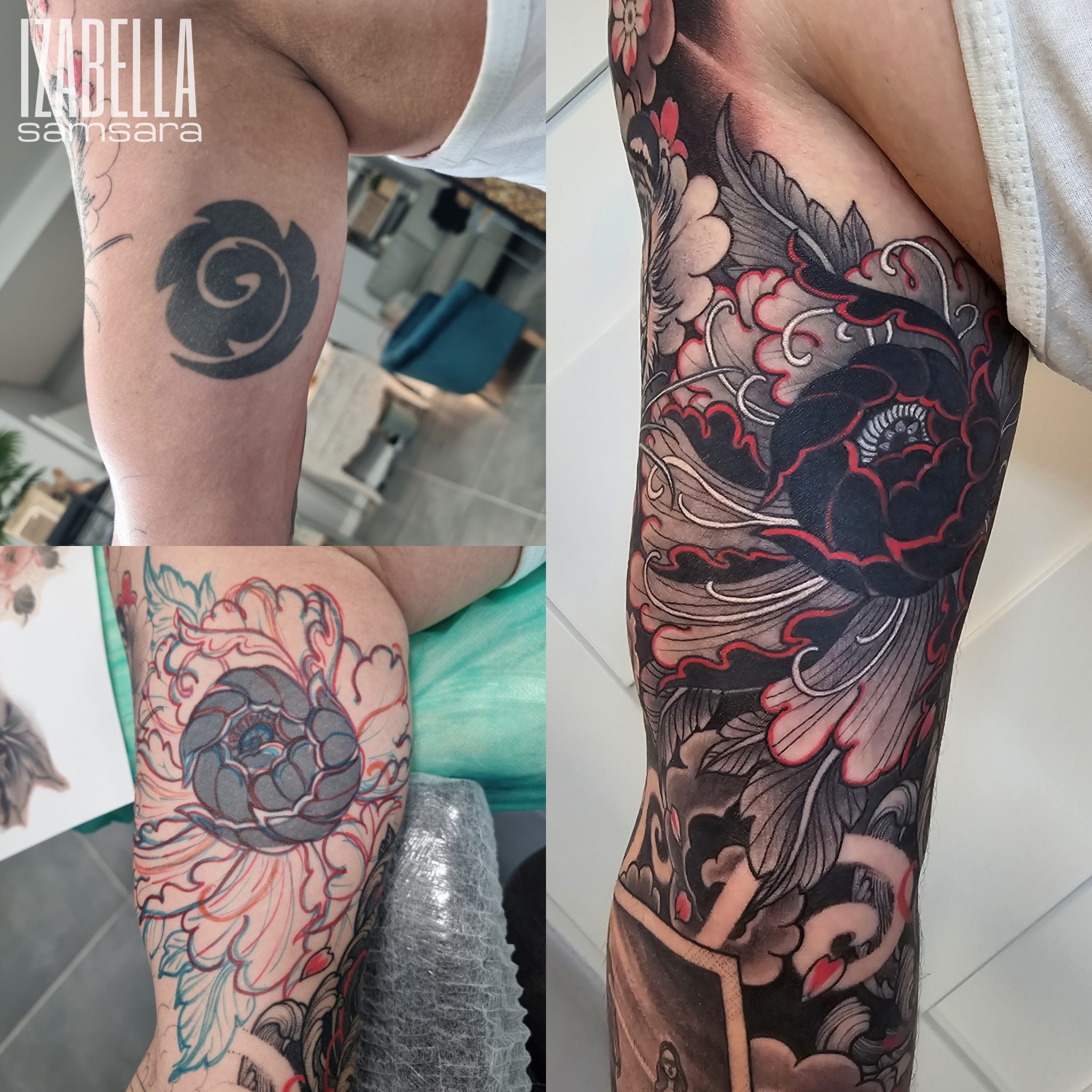A detailed cover-up tattoo featuring a blend of floral designs with peonies, intricate black and gray shades, and highlights of red, showcasing a flowing composition that seamlessly integrates with the surrounding skin.