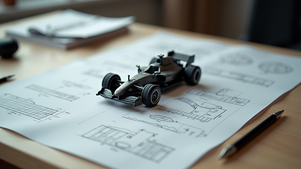 High angle view of a prototype model on a desk with notes and sketches