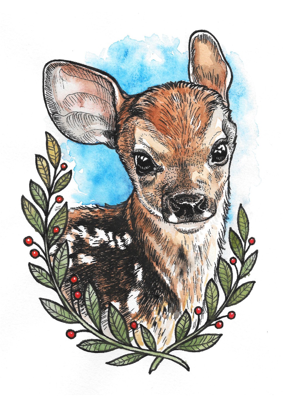 A colorful tattoo featuring a realistic depiction of a young deer with large expressive eyes, surrounded by a leafy wreath adorned with red berries. The deer has a short brown and white spotted coat, creating a charming and whimsical design. The background comprises a soft blue watercolor wash that enhances the vibrancy of the tattoo.