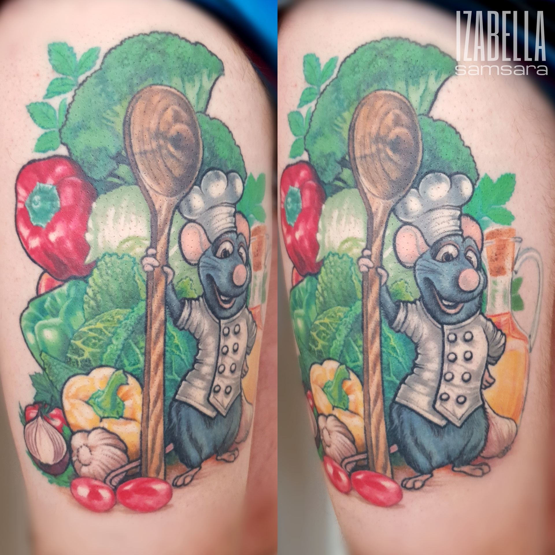 A colorful tattoo featuring a cartoon mouse chef holding a wooden spoon, surrounded by various vegetables including broccoli, bell peppers, garlic, and tomatoes. The mouse is depicted in a white chef's outfit with a chef's hat, set against a vibrant background of leafy greens and other cooking ingredients, creating a lively culinary theme.