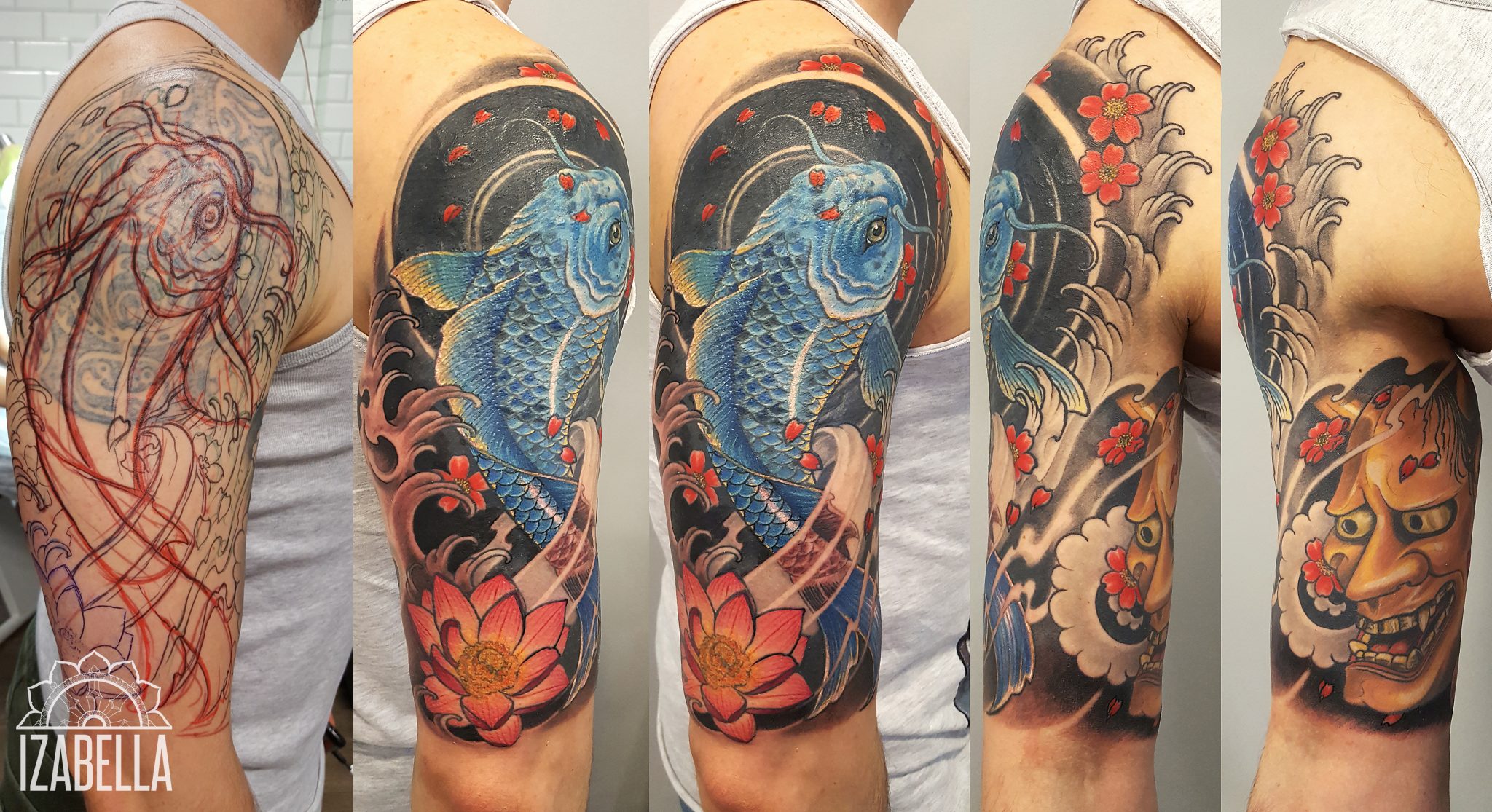 A detailed cover-up tattoo featuring a vibrant blue koi fish surrounded by cherry blossom flowers and waves. The tattoo transitions from the original sketch to the completed artwork, showcasing intricate linework, shading, and color contrast. The lower part includes a beautiful pink lotus flower, enhancing the design's aesthetic appeal.