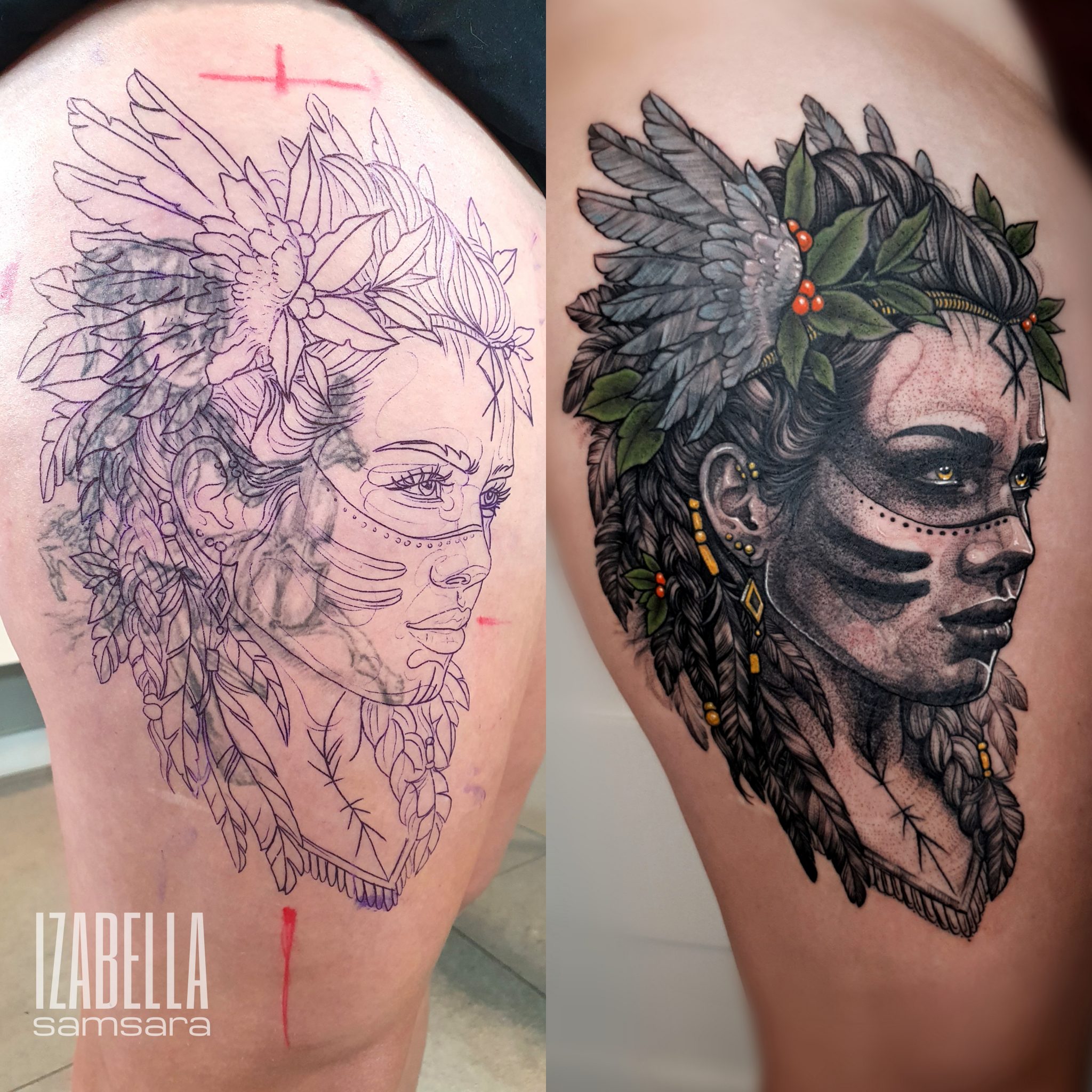 A detailed cover-up tattoo depicting a Native American woman in profile. The tattoo features intricate elements including feathers, leaves, and facial markings. The artwork showcases realistic shading and highlights, complemented by vibrant colors enhancing the woman's braided hair and decorative accessories.