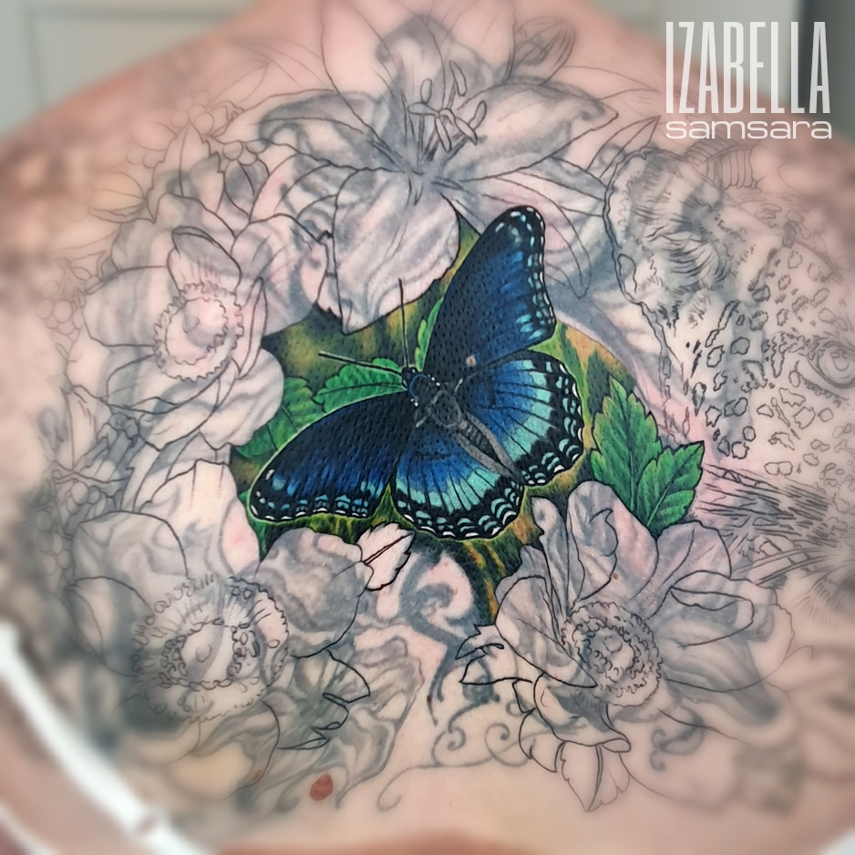 A vibrant blue butterfly surrounded by delicate flowers in shades of white and gray. The butterfly features intricate details and a striking pattern, sitting atop lush green leaves, creating a vivid contrast against the floral elements.