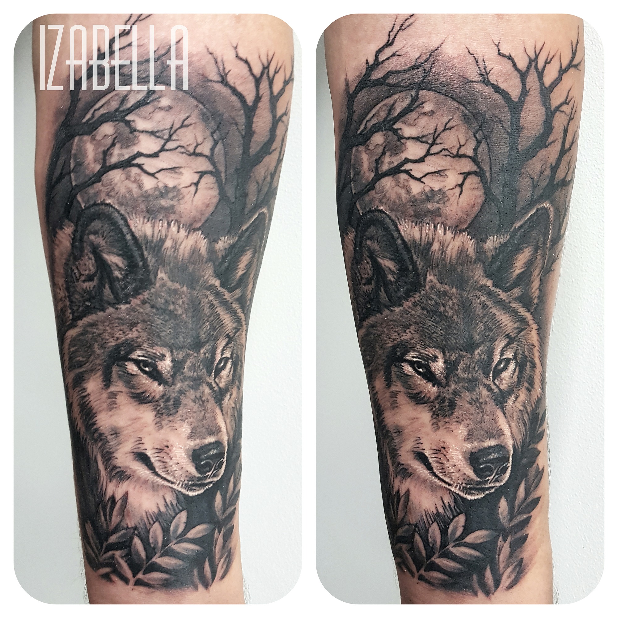 A detailed black and gray tattoo of a wolf's face, surrounded by intricate leaves. The tattoo features a full moon in the background with bare trees, creating a mystical atmosphere. The wolf has a fierce expression, showcasing fine lines and shading that enhance its realistic appearance.