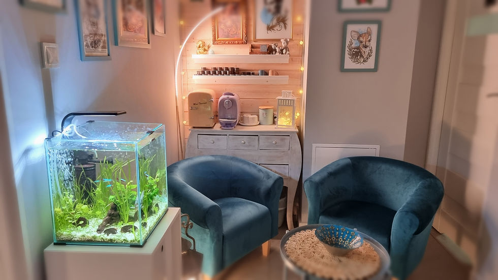 Eye-level view of tattoo studio interior with clean and modern design