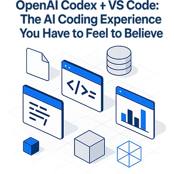Illustration of file icons, code windows, and graphs on a grid background. Text: "OpenAI Codex + VS Code: The AI Coding Experience."