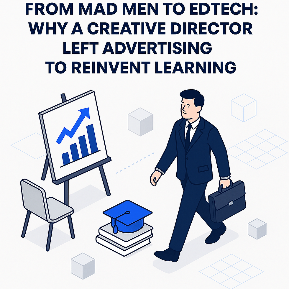 A man in a suit with a briefcase walks towards a chart with upward growth. Graduation cap on books nearby. Text: "From Mad Men to EdTech."