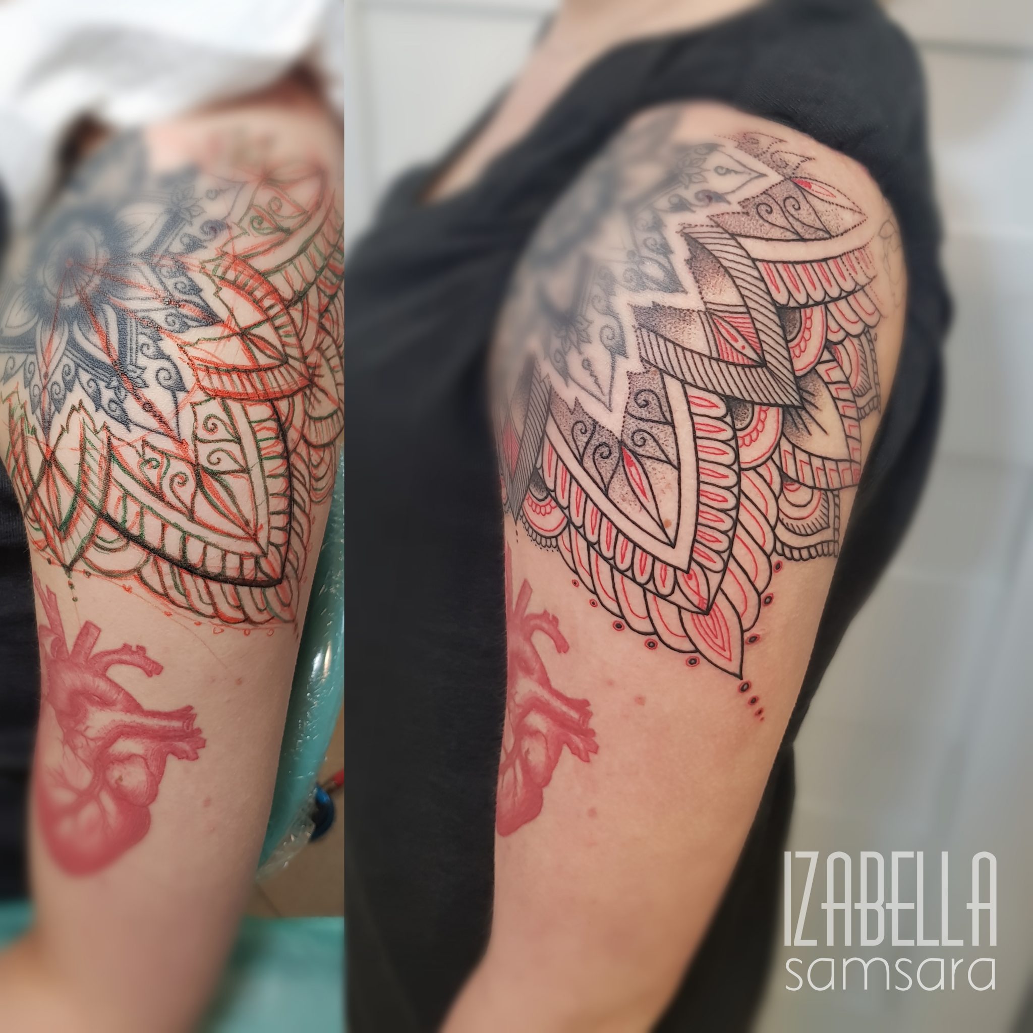 A vibrant cover-up tattoo featuring intricate geometric patterns and floral elements in shades of black and red. The design replaces an earlier tattoo of a heart, blending detailed line work with artistic shapes and embellishments.