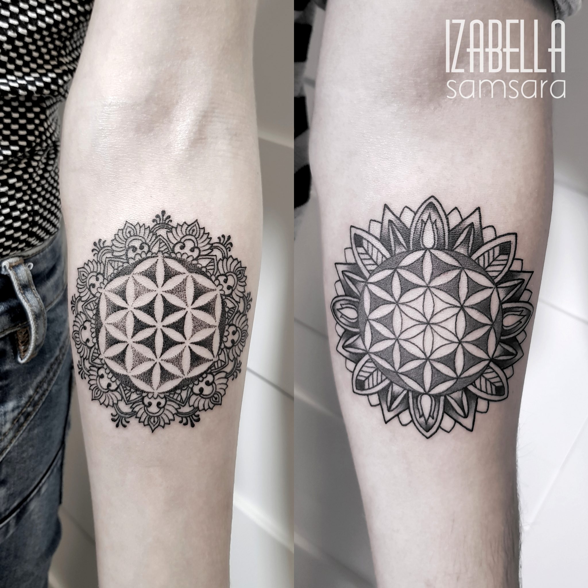 A detailed black and gray tattoo featuring two geometric mandala designs on the forearm. The first design showcases a circular pattern with a flower of life motif surrounded by intricate lace-like detailing. The second design presents a more refined mandala with layers of petal shapes and a central geometric pattern, both tattoos emphasizing symmetry and fine line work.